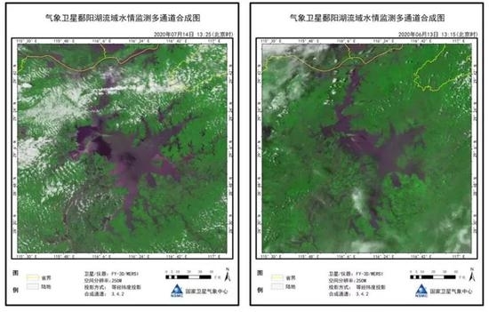 鄱阳湖洪水对比 左：7月14日 右：6月13日 来源：国家卫星气象中心