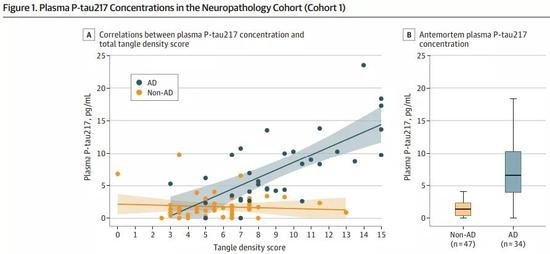 AD患者的P-tau217水平明显高于非AD的参与者