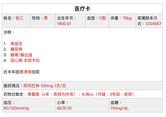 医疗卡的红字部分为示例，需要根据自己或家人的实际情况填写 | 作者供图